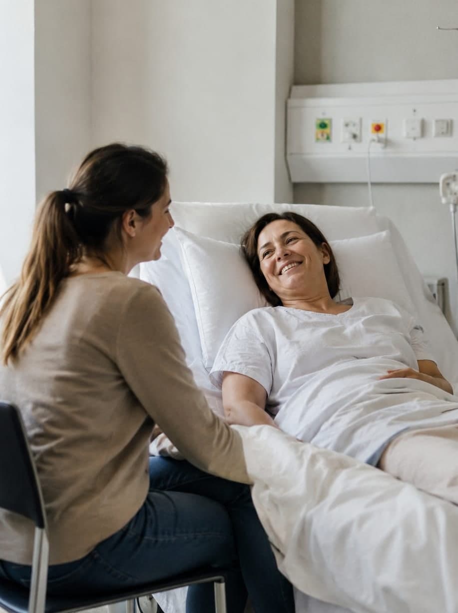 Mujer acompañando a su madre internada en un sanatorio