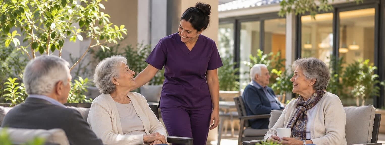 Cuidadora acompañando a residentes mayores en el jardín de una residencia